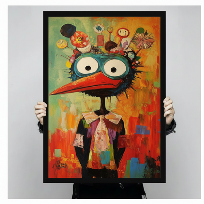 hands holding large framed quirky bird canvas art print vibrant colors gray background size display