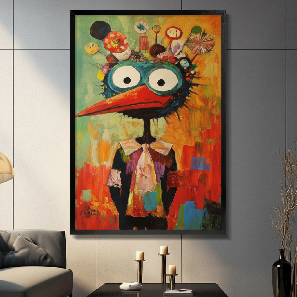 colorful quirky bird framed wall art black frame gray paneled living room candle holders sofa