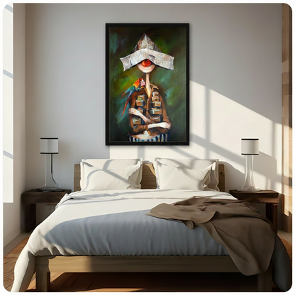 Surreal newspaper hat figure with parrot black framed canvas wall art above bed in bright bedroom with warm sunlight and white linen bedding