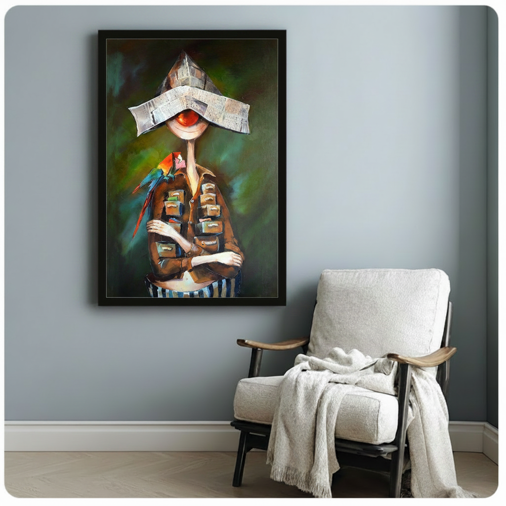 Surreal newspaper hat figure with parrot black framed canvas wall art on blue-gray wall next to white linen armchair with draped blanket