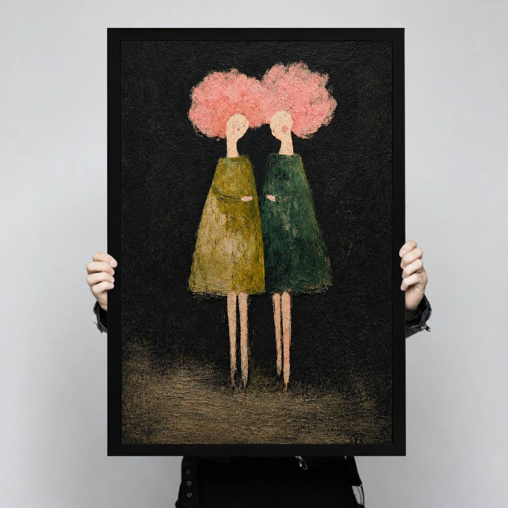  Framed pink hair women canvas wall art held by hands, showing two slender figures with fluffy pink hair