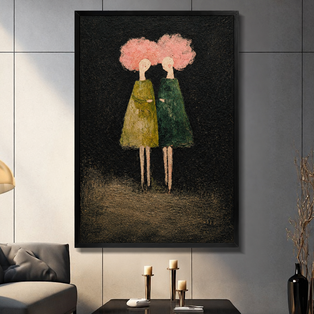  Framed pink hair women canvas wall art above a living room coffee table, featuring two figures standing side by side