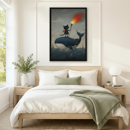 Black framed whimsical sailor cat riding a blue whale wall art above a light wood bed with white linen bedding and a sage green throw blanket in a bright Scandinavian bedroom