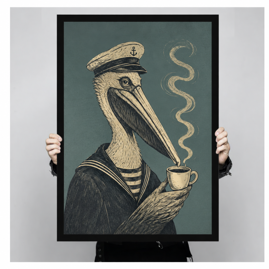 Framed sailor pelican canvas wall art held by hands, featuring an anchor-emblem hat and curling steam above a small cup