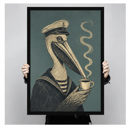 Framed sailor pelican canvas wall art held by hands, featuring an anchor-emblem hat and curling steam above a small cup