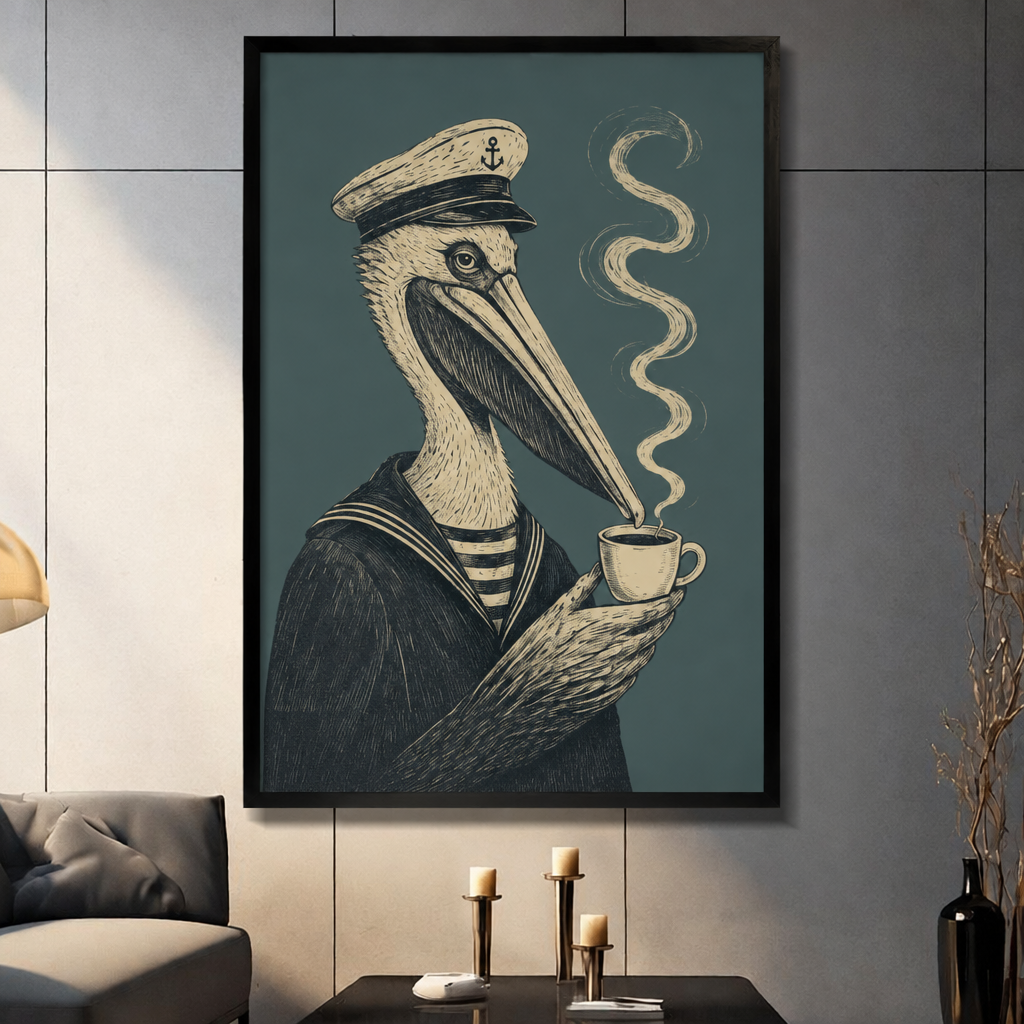  Framed sailor pelican canvas wall art in a living room, featuring a pelican in a captain's hat holding a steaming cup