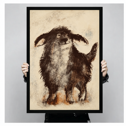  Framed shaggy dog canvas wall art held by hands, featuring a scruffy dog rendered in textured brown and gray brushwork