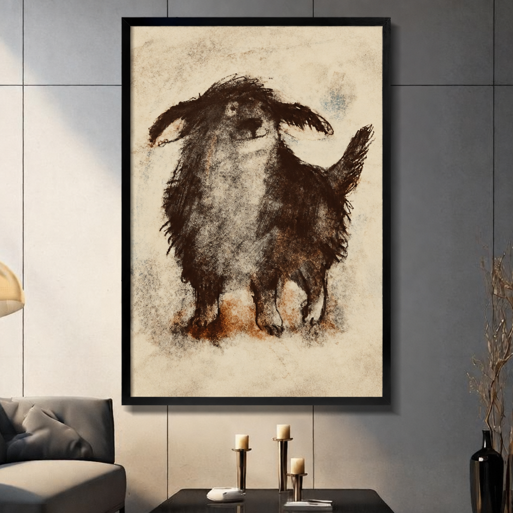 Framed shaggy dog canvas wall art in a living room, featuring a floppy-eared dog with a raised tail on a cream background