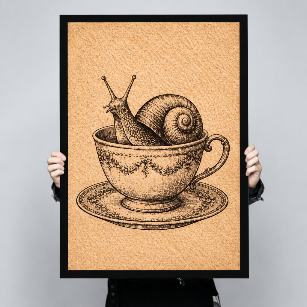 Framed snail teacup canvas wall art held by hands, featuring fine linework on a snail, floral cup, and saucer