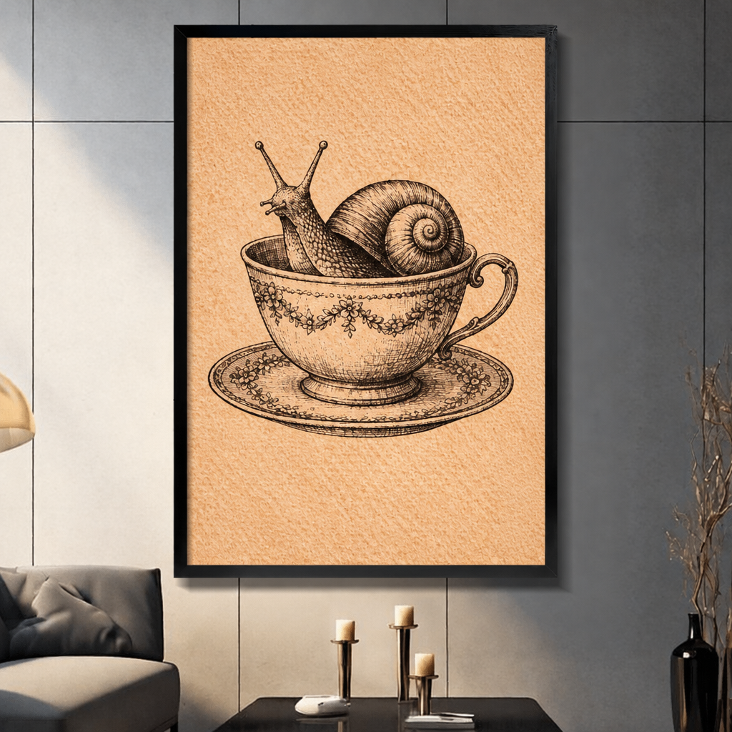 Framed snail teacup canvas wall art in a living room, featuring a snail inside a floral teacup on a matching saucer