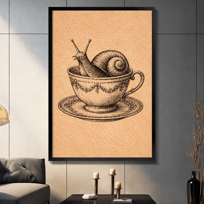  Framed snail teacup canvas wall art in a living room, featuring a snail inside a floral teacup on a matching saucer