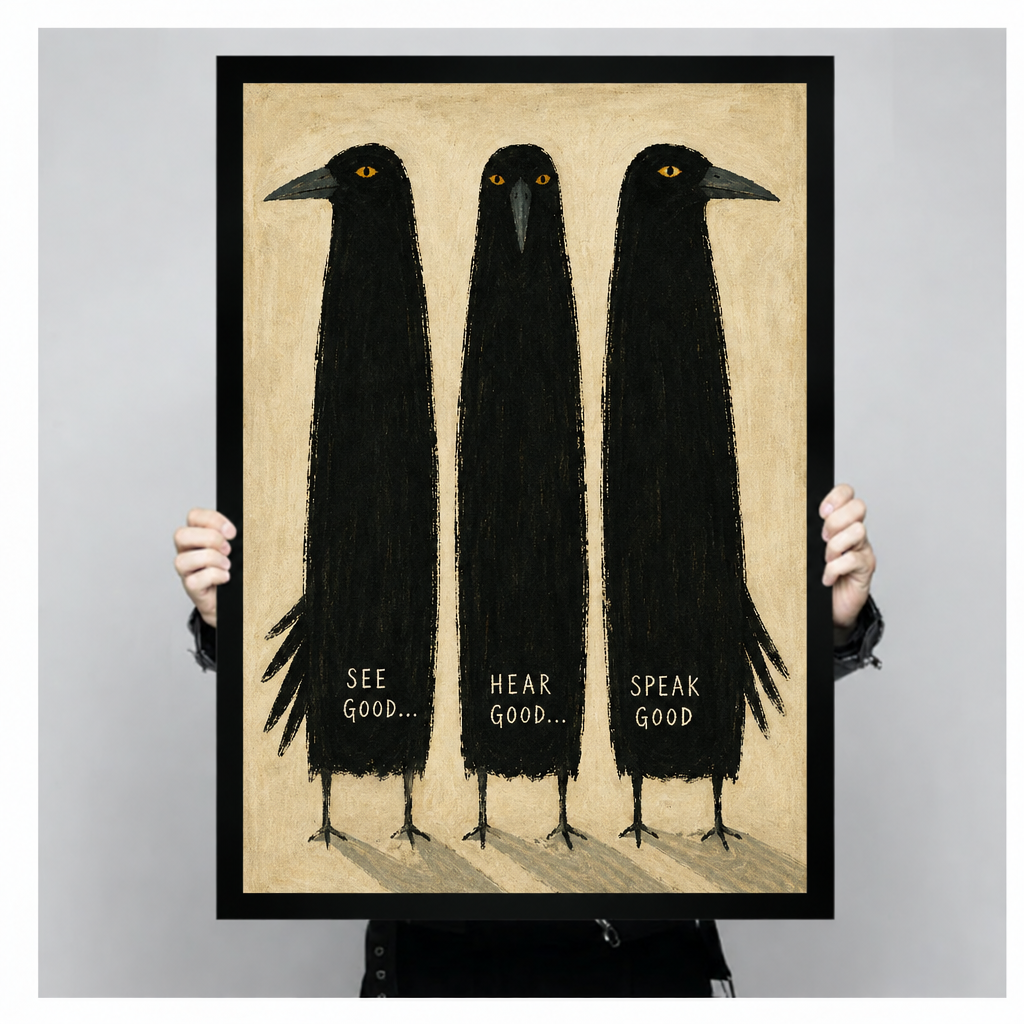 Framed three crows canvas wall art held by hands, featuring three birds with yellow eyes and uplifting words

