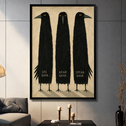 Framed three crows canvas wall art displayed in a living room, featuring the message “See Good, Hear Good, Speak Good”
