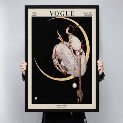  Framed Vogue art deco woman canvas wall art held by hands, featuring a graceful woman in an ornate white dress