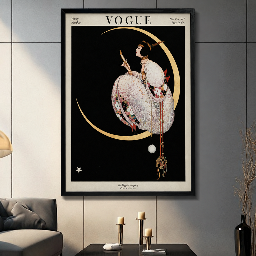 Framed Vogue art deco woman canvas wall art displayed in a living room with a crescent moon and elegant vintage figure