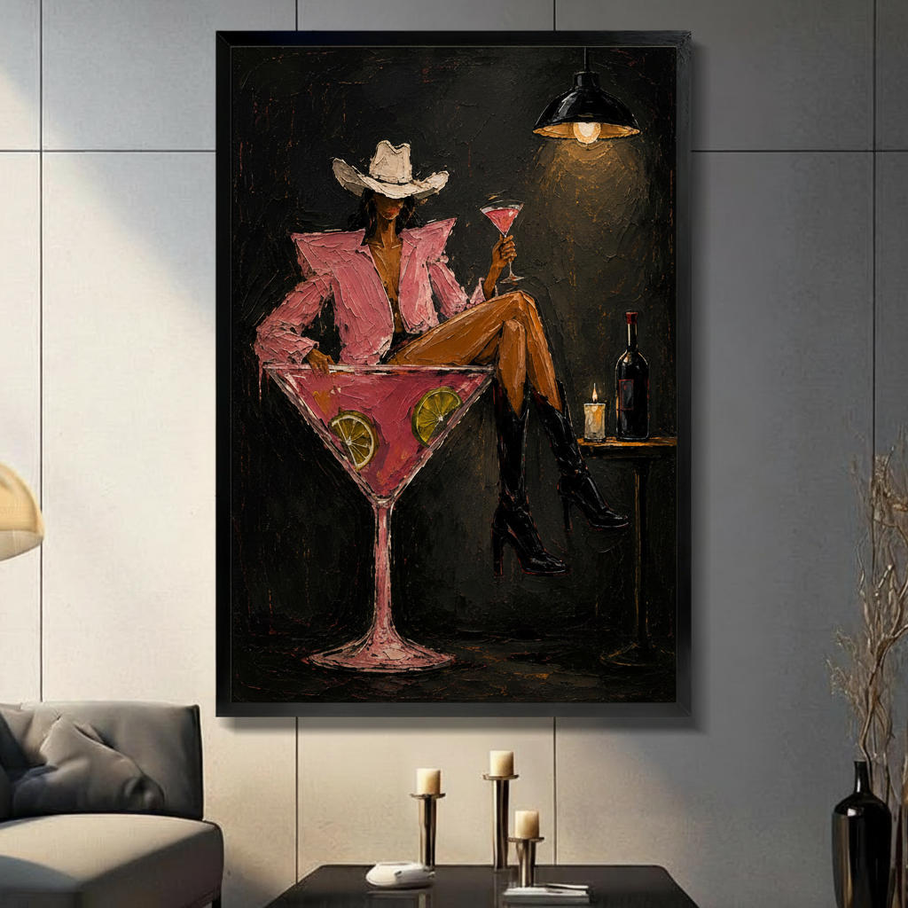 Cowgirl in pink blazer and white cowboy hat sitting in giant martini glass, moody bar impasto canvas wall art in black float frame, hung on dark gray tile wall above console table with candle holders in modern American living room