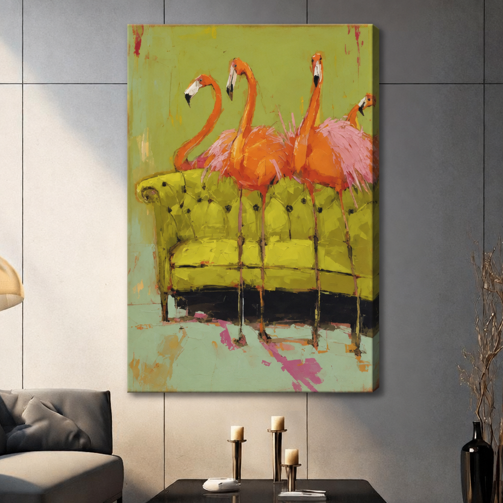Unframed flamingo canvas on a paneled wall, with painterly birds and a bright green sofa.