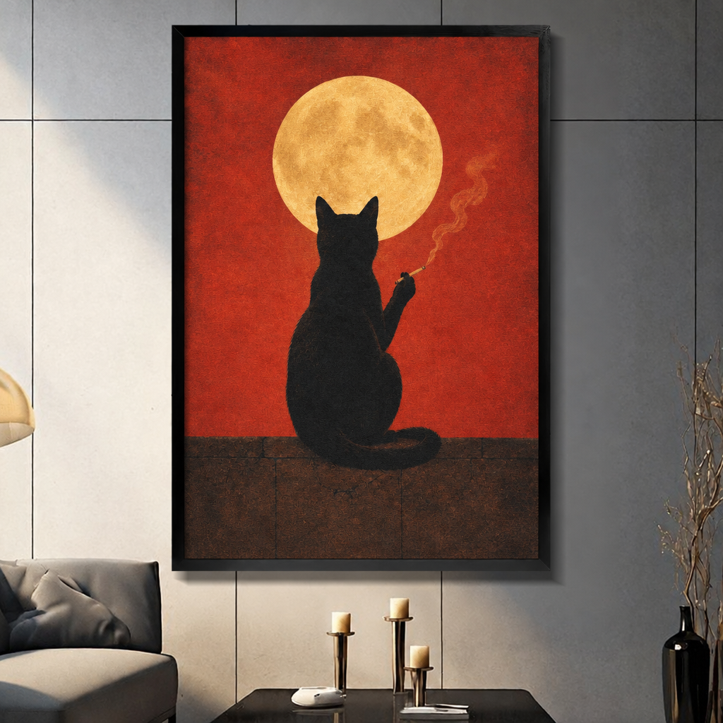 Framed black cat wall art above a sofa, showing a raised paw and curling smoke beneath the moon.