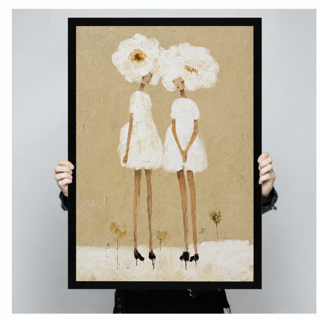  Framed white flower women canvas wall art held by hands, showing two figures in white dresses beneath oversized blooms