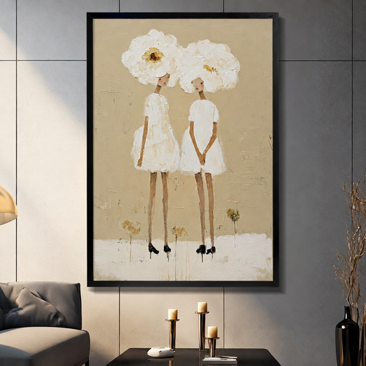 Framed white flower women canvas wall art in a living room, showing two figures in white dresses with oversized floral headpieces