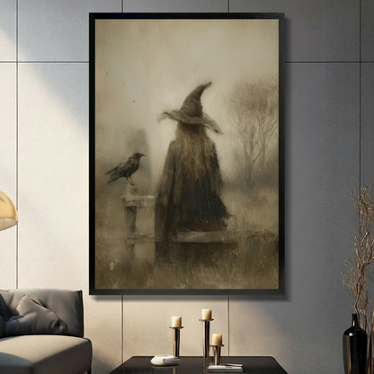  Framed witch hat canvas wall art with a crow and mysterious figure displayed in a candlelit living room