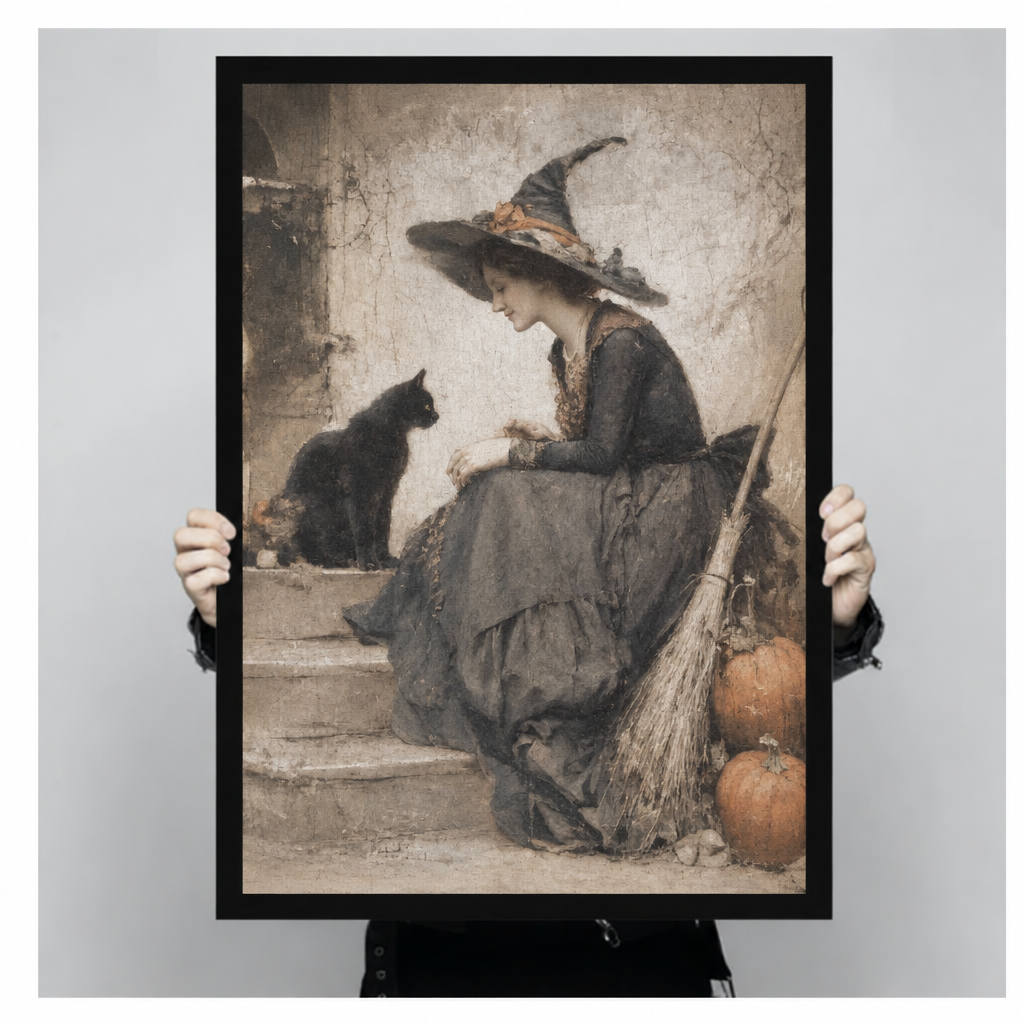 Framed witch black cat canvas wall art held by hands, showing a witch in a layered dress beside a broom and pumpkins