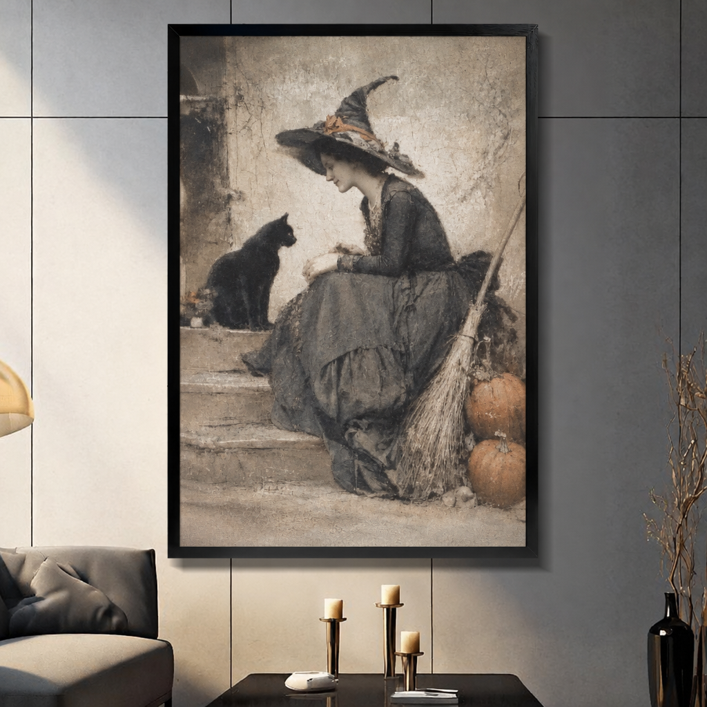  Framed witch black cat canvas wall art in a living room, showing a seated witch with a cat, broom, and pumpkins