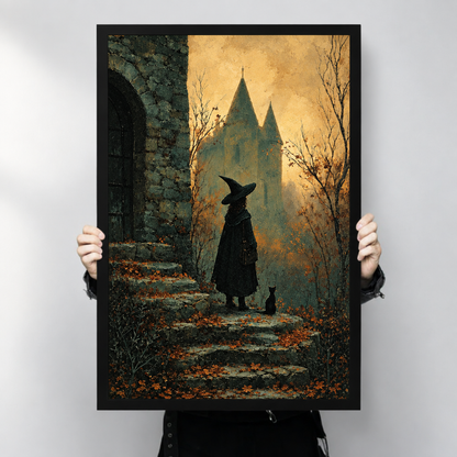  Framed witch castle canvas wall art held by hands, depicting a mysterious witch and cat on autumn stone steps