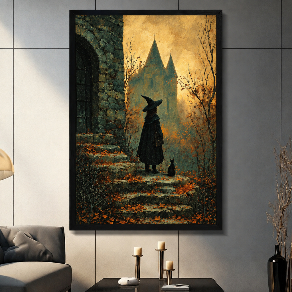 Framed witch castle canvas wall art displayed in a living room, showing a witch and black cat before a distant castle