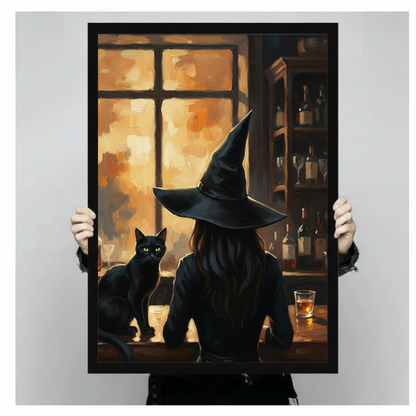 Framed witch cat bar canvas wall art held by hands, featuring a witch and black cat at a glowing bar