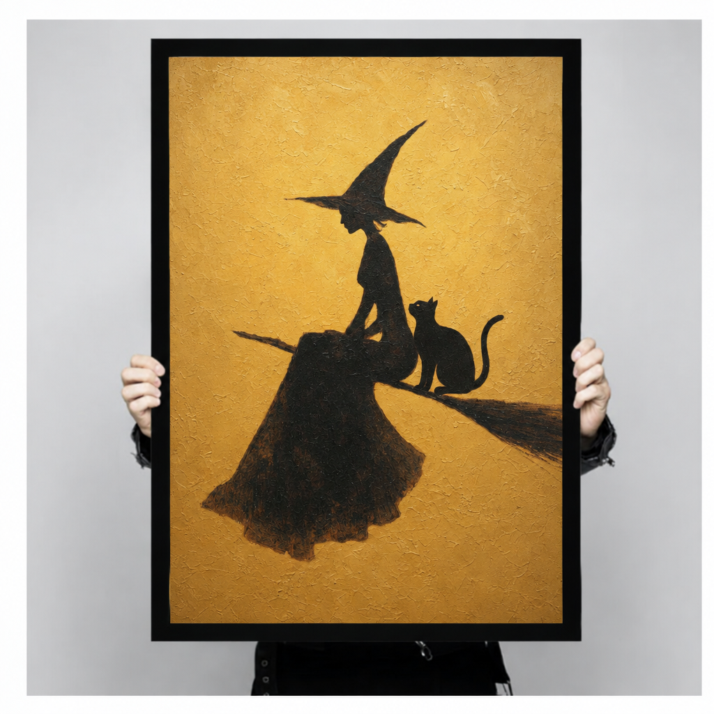 Framed witch cat broom canvas wall art held by hands, depicting a witch and black cat against a textured gold background