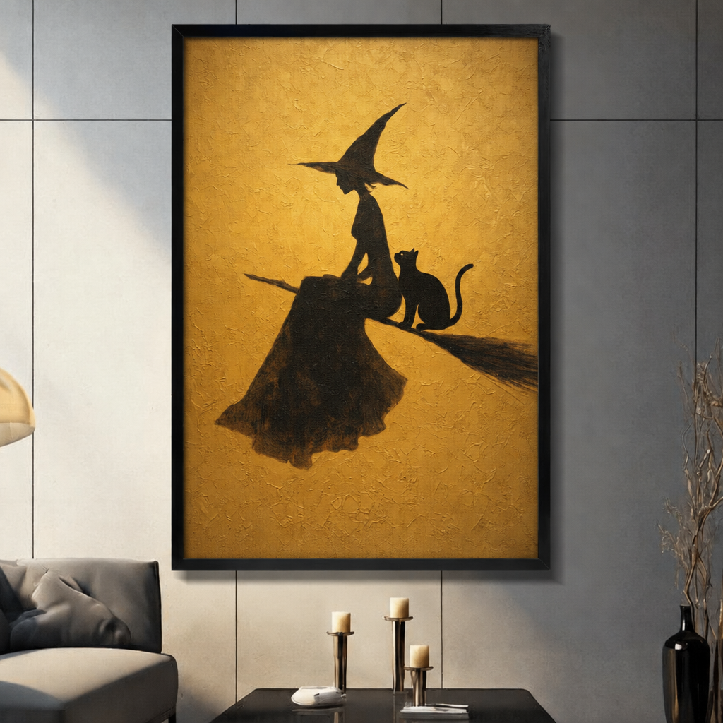  Framed witch cat broom canvas wall art displayed in a living room, with a witch and black cat seated on a broom against a gold background