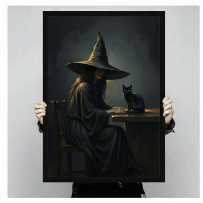 Framed witch cat canvas wall art held by hands, showing a witch in a pointed hat with a black cat
