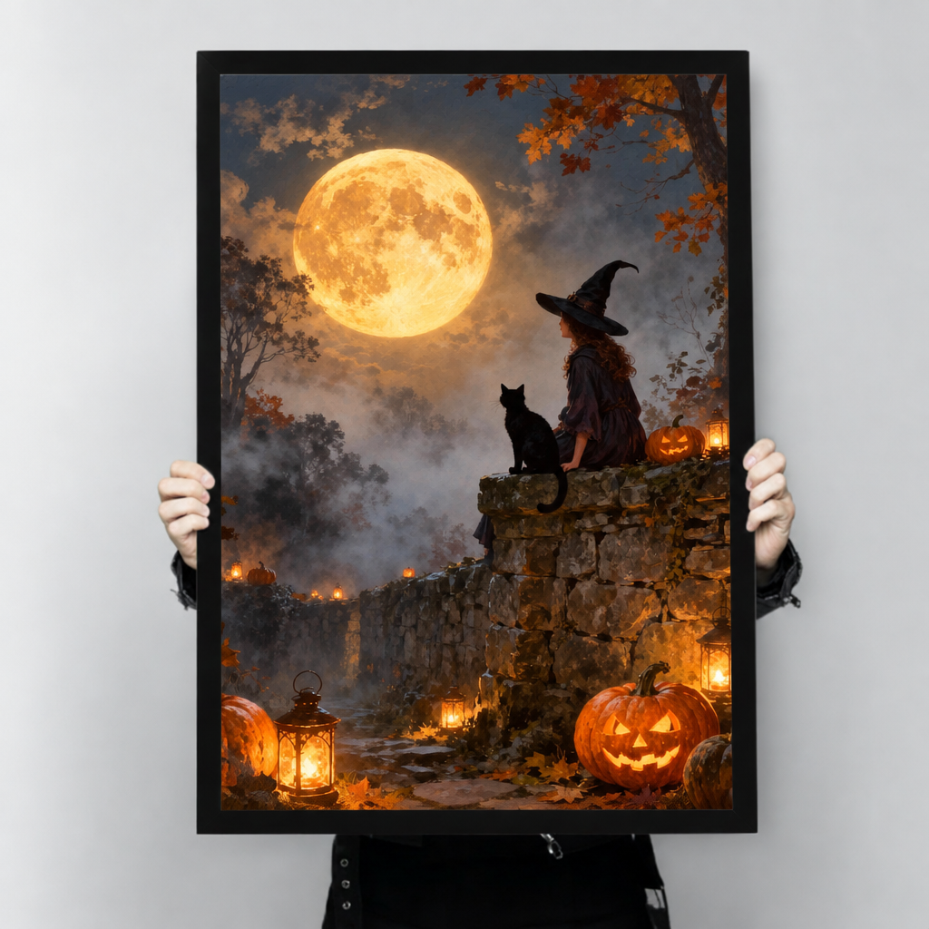 Framed witch cat moon canvas wall art held by hands, featuring a witch and black cat beside glowing pumpkins