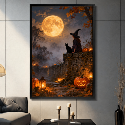 Framed witch cat moon canvas wall art close-up showing a witch and black cat beside a moonlit pumpkin path