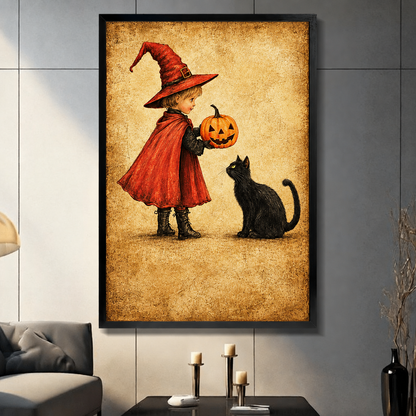  Framed witch cat pumpkin canvas wall art displayed in a living room, featuring a red-cloaked witch child and black cat
