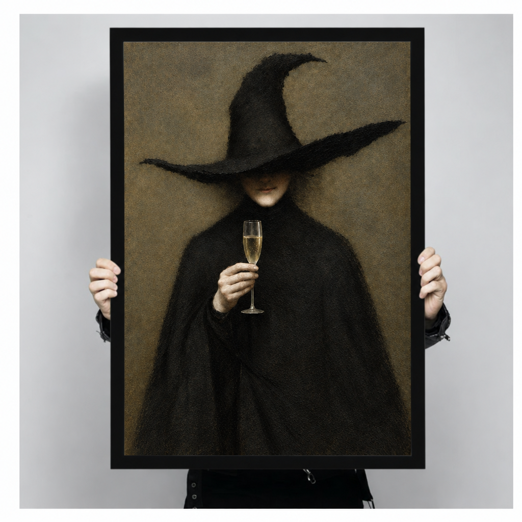  Framed witch champagne canvas wall art held by hands, showing a black-robed witch with a pointed hat and champagne glass
