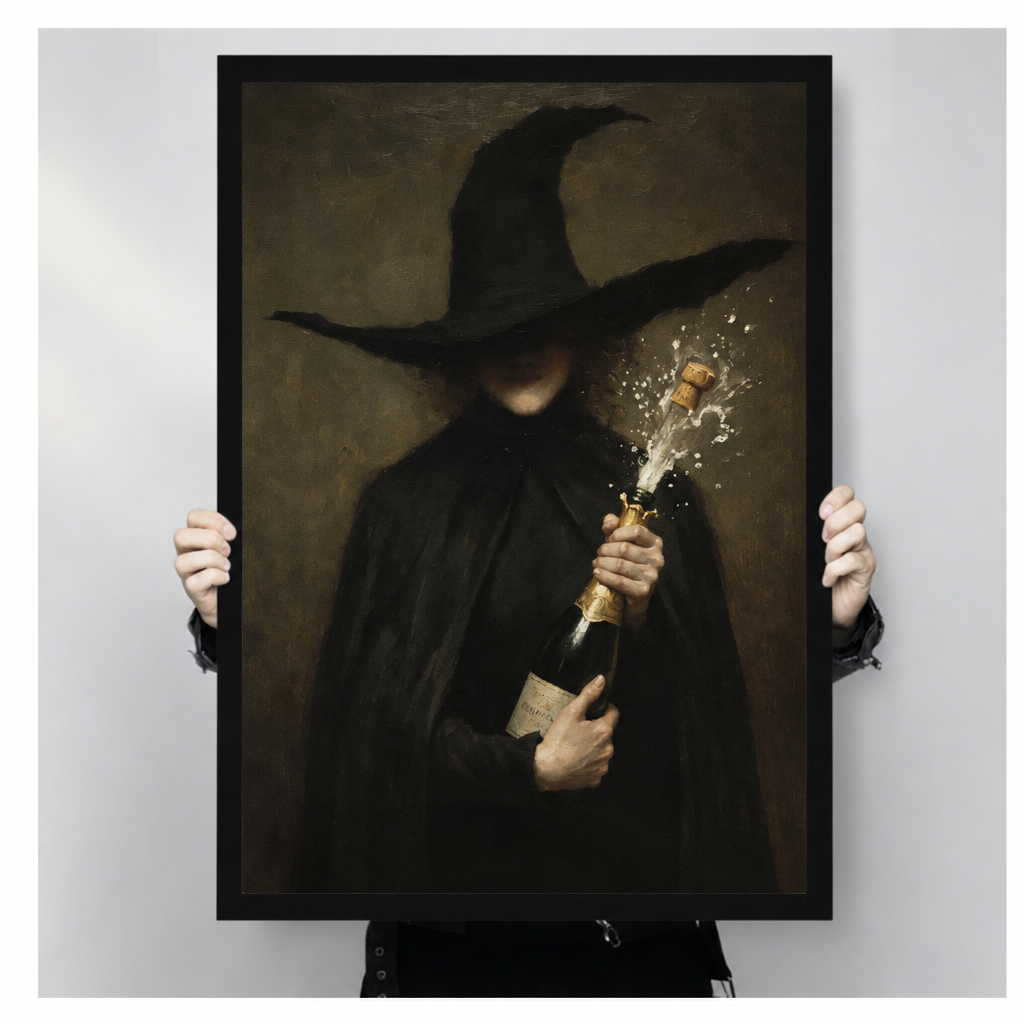 Framed witch champagne canvas wall art held by hands, showing a mysterious witch with a foaming bottle