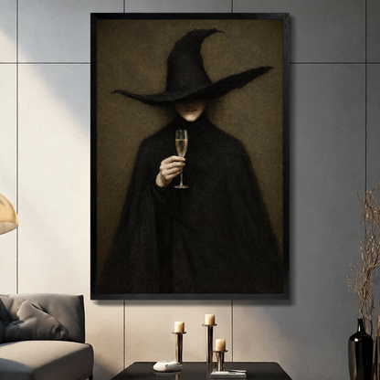 Framed witch champagne canvas wall art displayed in a living room, depicting a dark witch holding a sparkling glass