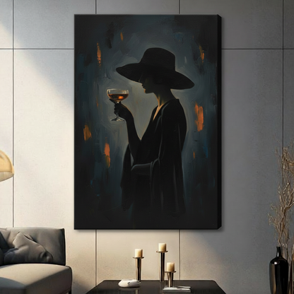 Framed witch wall art held by both hands, showing a hat-wearing silhouette with a glowing cocktail glass.