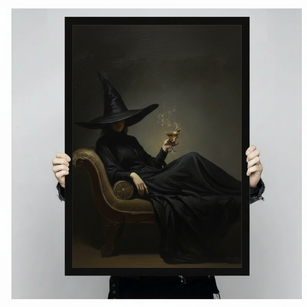 Framed witch cocktail canvas wall art held by hands, featuring a mysterious witch relaxing with a glowing drink