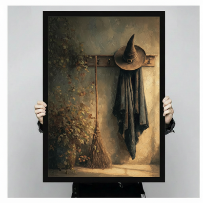Framed witch hat canvas wall art displayed above a coffee table in a moody contemporary living room
