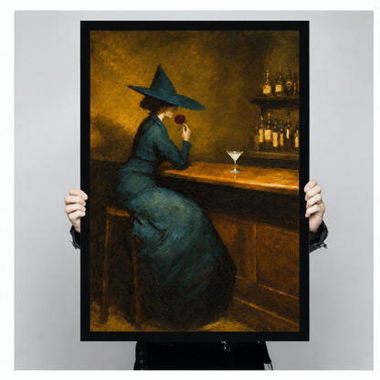 Framed witch rose bar canvas wall art held by hands, featuring a witch holding a rose beside a martini glass