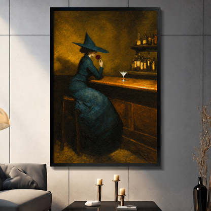  Framed witch rose bar canvas wall art in a living room, featuring a seated witch holding a red rose beside a cocktail glass