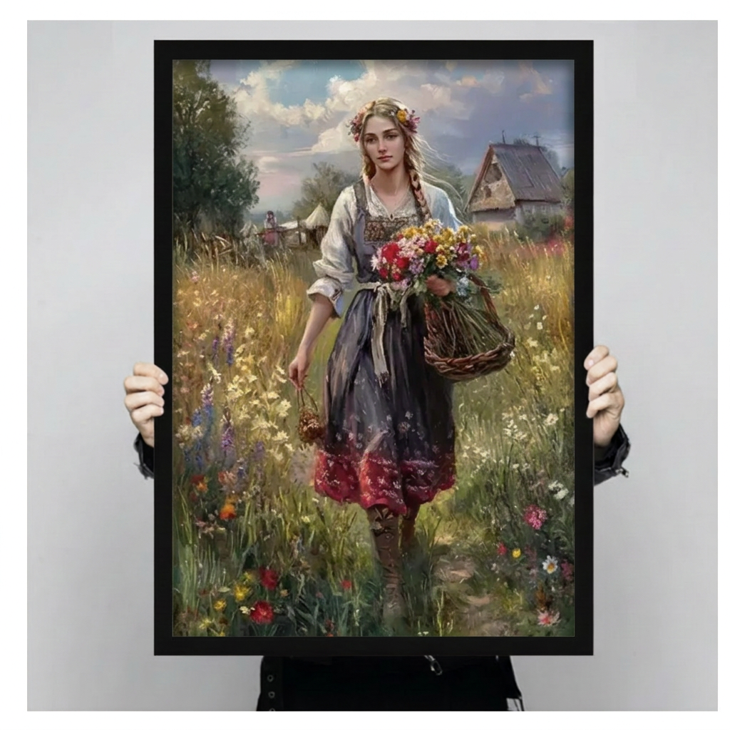 Framed woman wildflower canvas wall art held by hands, featuring braided hair, floral hair ornaments, and a wicker basket