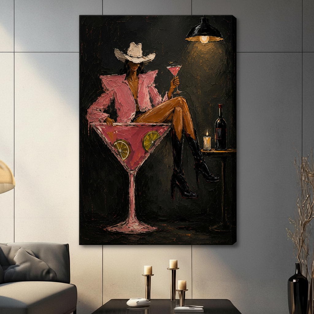 Cowgirl cocktail bar impasto gallery wrap stretched canvas without frame on dark gray tile wall above console table with candle holders, moody glam bar art in modern American living room