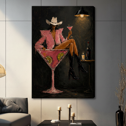 Cowgirl cocktail bar impasto gallery wrap stretched canvas without frame on dark gray tile wall above console table with candle holders, moody glam bar art in modern American living room