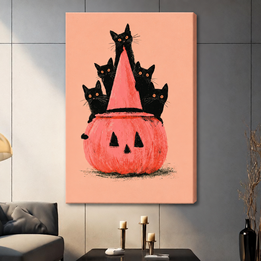 Frameless Halloween canvas featuring five black cats, a coral pumpkin, and witch hat above a living room table.