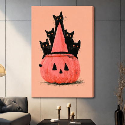 Frameless Halloween canvas featuring five black cats, a coral pumpkin, and witch hat above a living room table.