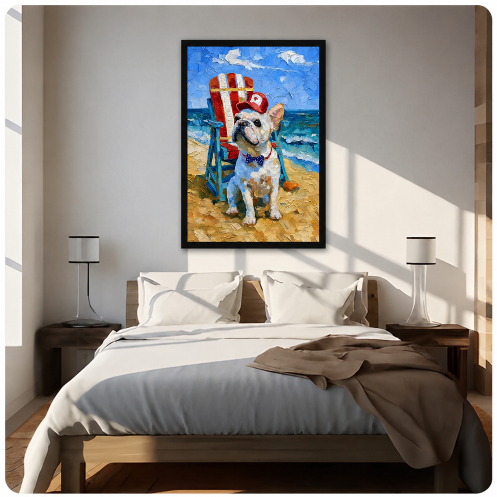 Impressionist-style framed canvas wall art of a white French Bulldog in a red cap and polka-dot bow tie on a sandy beach with crashing waves, hung above a bed in a bright airy bedroom
